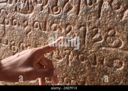 Index d'un homme montrant l'ancien script tamoul sculpté sur le mur du temple de Tanjore Brihadeeswarar. Banque D'Images