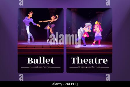 Des affiches de ballet et de théâtre avec des danseurs couple et enfants jouent sur scène avec des spots. Banderoles avec danse ballerine et acteurs pour enfants, illustration de dessins animés vectoriels Illustration de Vecteur