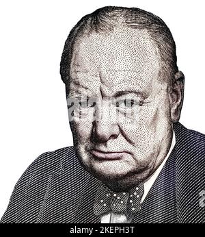 Portrait de Sir Winston Churchill du billet de banque britannique de cinq livres sterling en gros plan Banque D'Images