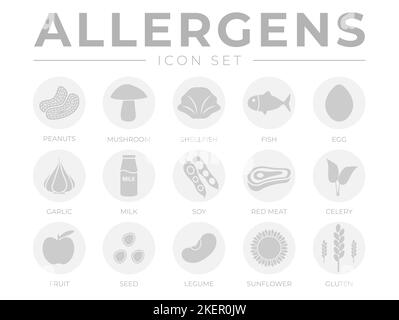 Ensemble d'icônes allergènes légers. Arachides, champignons, mollusques, poissons, œufs, Ail, lait, viande rouge de soja, céleri, fruits, Graines, légumineuses et tournesol gluten nourriture A Illustration de Vecteur