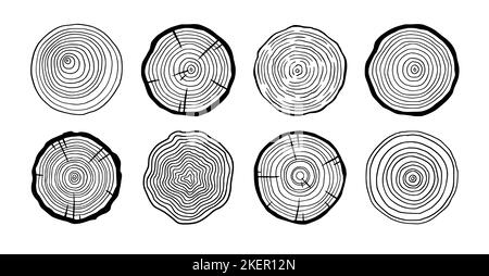 Ensemble de cercles en bois de l'anneau d'arbre. Arbre dessiné à la main, motif de cercle ondulé de ligne texture de bois. Motif en tranches de bois bio. Illustration vectorielle. Illustration de Vecteur