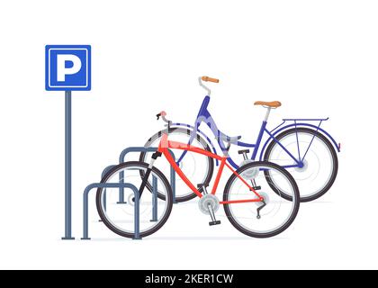 Parking pour vélos. Vélos modernes au panneau de stationnement. Illustration vectorielle Illustration de Vecteur