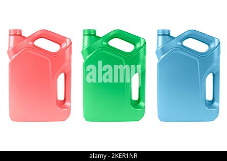 Trois réservoirs d'huile en plastique isolés sur fond blanc. Réservoir de stockage. Canister pour l'essence, le diesel et le gaz. Bidon en plastique rouge, vert et bleu pour Banque D'Images