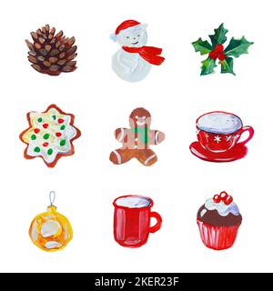 Ensemble de neuf objets de Noël. Cône, bonhomme de neige, petits gâteaux et biscuits. Éléments de vacances peints à la main. Banque D'Images