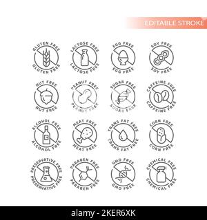 Ensemble d'icônes vecteur d'ingrédients alimentaires et d'allergènes. Sans gluten, sans lactose ni alcool, sans agent de conservation. Illustration de Vecteur
