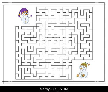 Un jeu de puzzle pour les enfants, passez par le labyrinthe. Passez un bonhomme de neige. Illustration de Vecteur
