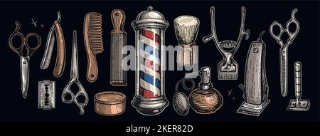 Coiffeurs outils et barbershop ensemble d'objets, éléments de conception. Concept de salon de coiffure et de coiffure Illustration de Vecteur
