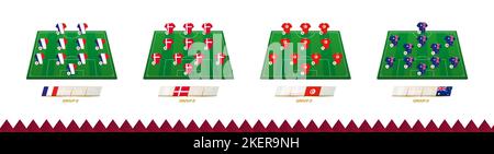 Terrain de football avec équipe pour le groupe D de la compétition de football. Joueurs de football sur un demi-terrain de football. Illustration de Vecteur