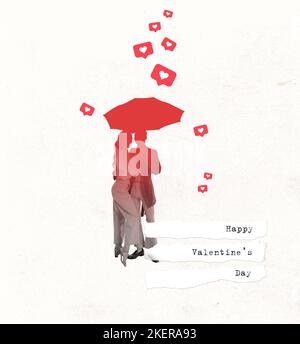 Collage d'art contemporain. Design créatif dans un style rétro. Silhouette de couple debout sous un parapluie. Carte postale de la Saint-Valentin Banque D'Images