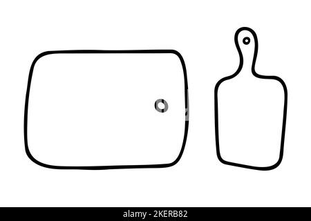 Planche à découper Doodle. Surface de cuisson dessinée à la main isolée sur fond blanc. Contour des ustensiles de cuisine. Symbole de la nourriture, de la vie à la maison, de la boulangerie, Illustration de Vecteur