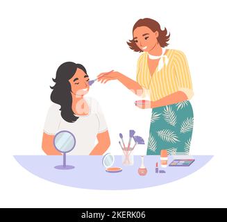 Salon de maquillage avec styliste d'artistes et illustration de vecteur client. Miroir, meubles et spray cosmétique. Femme faisant le maquillage à la fille, donnant consultati Illustration de Vecteur