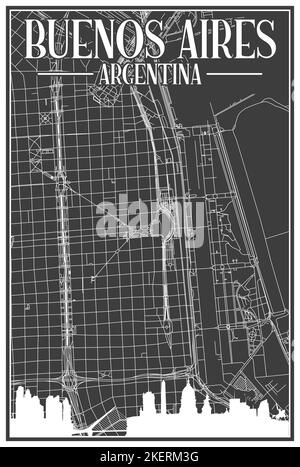 Carte du réseau des rues du centre-ville DE BUENOS AIRES, EN ARGENTINE, imprimée à la main, d'époque noire, avec des gratte-ciel et des lettres en relief Illustration de Vecteur