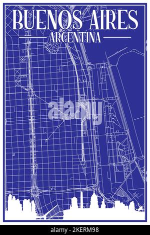 Carte du réseau des rues du centre-ville DE BUENOS AIRES, EN ARGENTINE, imprimée à la main, d'époque bleue, avec des gratte-ciel et des lettres en relief Illustration de Vecteur