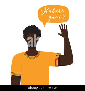 Un jeune Africain dans un t-shirt jaune fait des vagues de sa main. Habari gani en swahili signifie ce qui est nouveau salutation traditionnelle pendant la célébration de Kwanzaa. F Illustration de Vecteur