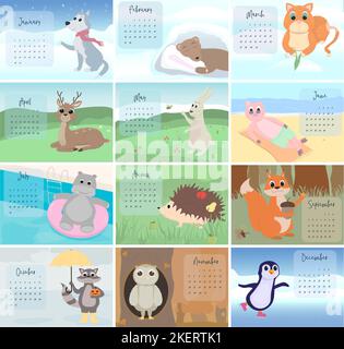 calendrier mignon pour l'année 2023 tous les 12 douze mois avec les personnages mignons bébé animaux pour enfants imprimable Banque D'Images