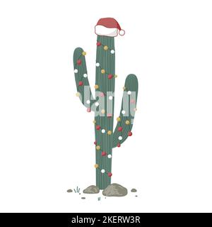 Grand cactus de Noël décoré avec guirlande de Noël et chapeau de père Noël. Illustration vectorielle isolée sur blanc. Clipart de dessin animé plat pour cartes, affiches Illustration de Vecteur