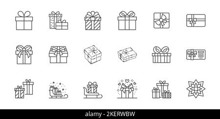 Ensemble d'icônes de ligne cadeau. Noël présent boîte emballage, carte de réduction certificat illustration vectorielle minimale. Affiche de présentation simple pour la boîte-cadeau du nouvel an Illustration de Vecteur