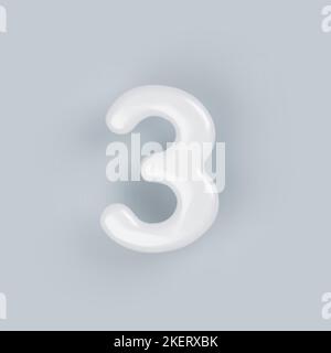 3D plastique blanc numéro 3 avec une surface brillante sur un fond gris. Illustration de Vecteur