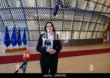 Bruxelles, Belgique. 14th novembre 2022. Sviatlana TSIKHANOUSKAYA, leader de l'opposition démocratique bélarussienne, assiste à une réunion des ministres des Affaires étrangères de l'UE, au Conseil européen de Bruxelles (Belgique) sur le 14 novembre 2022. Crédit: ALEXANDROS MICHAILIDIS/Alamy Live News Banque D'Images