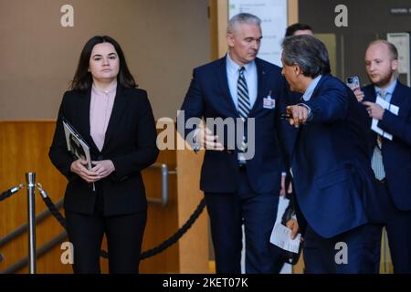 Bruxelles, Belgique. 14th novembre 2022. Sviatlana TSIKHANOUSKAYA, leader de l'opposition démocratique bélarussienne, assiste à une réunion des ministres des Affaires étrangères de l'UE, au Conseil européen de Bruxelles (Belgique) sur le 14 novembre 2022. Crédit: ALEXANDROS MICHAILIDIS/Alamy Live News Banque D'Images