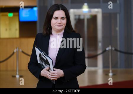 Bruxelles, Belgique. 14th novembre 2022. Sviatlana TSIKHANOUSKAYA, leader de l'opposition démocratique bélarussienne, assiste à une réunion des ministres des Affaires étrangères de l'UE, au Conseil européen de Bruxelles (Belgique) sur le 14 novembre 2022. Crédit: ALEXANDROS MICHAILIDIS/Alamy Live News Banque D'Images