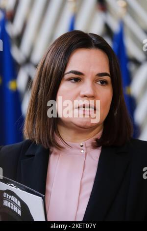 Bruxelles, Belgique. 14th novembre 2022. Sviatlana TSIKHANOUSKAYA, leader de l'opposition démocratique bélarussienne, assiste à une réunion des ministres des Affaires étrangères de l'UE, au Conseil européen de Bruxelles (Belgique) sur le 14 novembre 2022. Crédit: ALEXANDROS MICHAILIDIS/Alamy Live News Banque D'Images