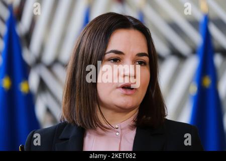 Bruxelles, Belgique. 14th novembre 2022. Sviatlana TSIKHANOUSKAYA, leader de l'opposition démocratique bélarussienne, assiste à une réunion des ministres des Affaires étrangères de l'UE, au Conseil européen de Bruxelles (Belgique) sur le 14 novembre 2022. Crédit: ALEXANDROS MICHAILIDIS/Alamy Live News Banque D'Images