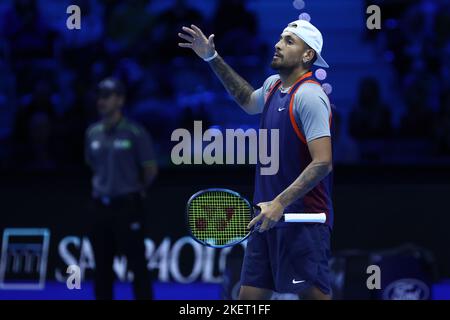 Turin, Italie. 14th novembre 2022. Nick Kyrgios d'Australie célèbre lors du double match du groupe Round Robin Green entre Wesley Koolhof de Hollande et Neal Skupski de Grande-Bretagne contre Thanasi Kokkinakis d'Australie et Nick Kyrgios d'Australie le deuxième jour des finales du circuit mondial de l'ATP de Nitto à Pala Alpitour sur 14 novembre, 2022 à Turin, Italie crédit: Marco Canoniero/Alay Live News Banque D'Images