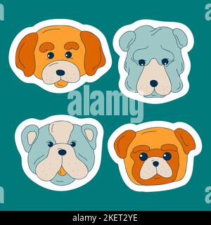 Ensemble d'autocollants Muzzle pour chiens mignons. Doodle couleur visages amusants pour chiots. Têtes de chien. Différentes races de chiens populaires. Illustration vectorielle pour portrait canin plat pour env Illustration de Vecteur