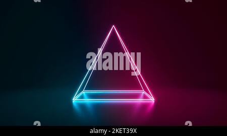 Pyramide lumineuse au néon bleu et rose dans l'obscurité, rendu 3D. Lampe pyramidale électronique fluorescente ou étage avec diode hélium. Triangl abstrait Banque D'Images