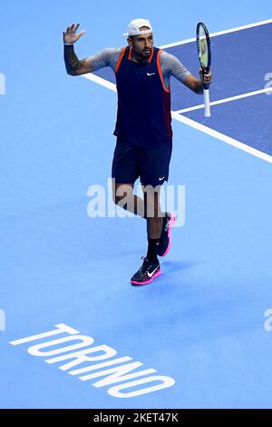 Turin, Italie. 14 novembre 2022. Nick Kyrgios, d'Australie, célèbre lors de son match de robin avec Thanasi Kokkinakis, d'Australie, contre Wesley Koolhof, des pays-Bas, et Neal Skupski, de Grande-Bretagne, au cours de la deuxième journée des finales de l'ATP de Nitto. Wesley Koolhof et Neal Skupski ont remporté le match 6-7(3), 6-4, 10-5. Credit: Nicolò Campo/Alay Live News Banque D'Images