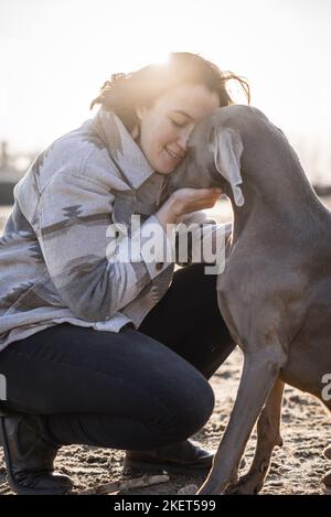 Femme et Weimaraner Banque D'Images