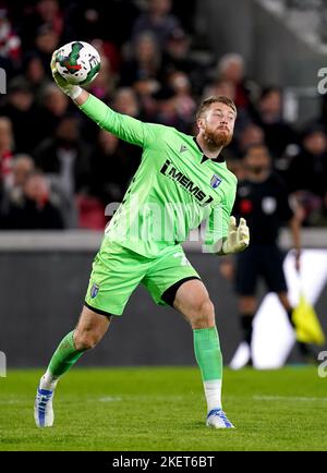 Photo du dossier datée du 08-11-2022 de Jake Turner, qui doit retourner dans le but pour Gillingham lorsqu'ils animent Fylde dans leur première répétition de la coupe FA. Date de publication : lundi 11 novembre 2022 Banque D'Images