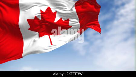 Drapeau national du Canada agitant dans le vent par temps clair. Le Canada est un pays d'Amérique du Nord. Mise au point sélective. 3D illustration Banque D'Images