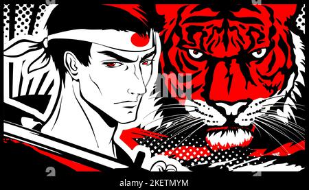 Samouraï homme et tigre dans le style manga et anime. Illustration de Vecteur
