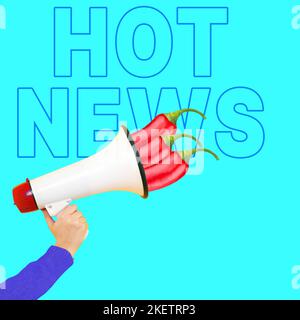 Main tenant un mégaphone. Nouvelles. Illustration sur fond bleu. Collage d'art moderne. Concept de cuisine moderne. Banque D'Images
