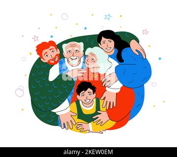 Joyeuse famille européenne embrassant, doodle image de bande dessinée Illustration de Vecteur