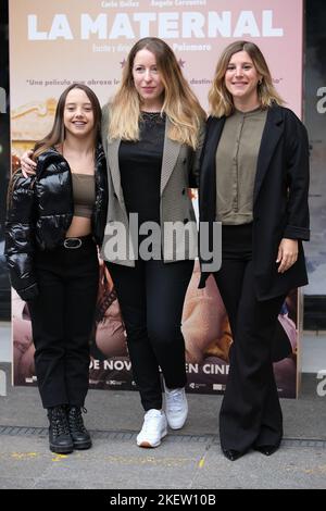 Madrid, Espagne. 14th novembre 2022. (G-D) Carla Quilez, Pilar Palomero et Angela Cervantes assistent à la séance photo du film 'la Maternal' à Cines Renoir Princesa à Madrid. Crédit : SOPA Images Limited/Alamy Live News Banque D'Images