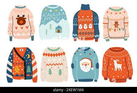 Pulls moches. Jolis vêtements de Noël tricotés avec motifs et décorations de vacances. Vêtements chauds. Vêtements colorés de Noël. Maillots aux imprimés traditionnels Illustration de Vecteur
