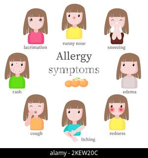 Symptômes d'allergie, illustration vectorielle isolée à plat. Fille souffrant de symptômes de réaction allergique tels que l'écoulement nasal, éternuement œdème rougeur démangeaisons Illustration de Vecteur