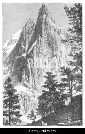 Homme randonnée dans les aiguilles du Mont blanc surplombant le glacier de la vallée de la Mer de glace. Gravure vintage du livre antique nature Wonders publ Banque D'Images