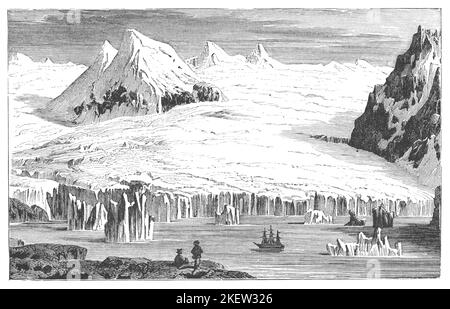 Personnes regardant un navire traversant des eaux glacées à Spitsbergen Norvège gravure du livre antique nature Wonders publié à Londres, Royaume-Uni, 1867. Banque D'Images