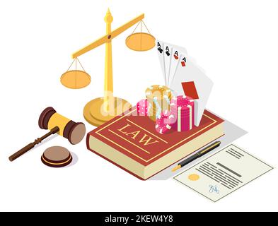 Illustration du concept de vecteur de légalisation de casino. Symboles juridiques isométriques Livre de loi avec jetons de jeu, dés, cartes à jouer, échelles de justice, juge Illustration de Vecteur
