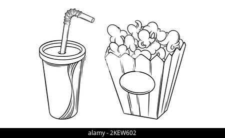 Panier à pop-corn et dessin au cola. Pop corn de cinéma dans un style doodle. Illustration vectorielle isolée sur fond blanc Illustration de Vecteur