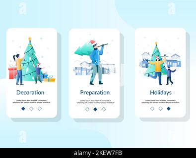 Écrans d'intégration de l'application mobile décoration, préparation et fêtes. Modèle de vecteur de bannière de menu pour le développement de sites Web et d'applications. Noël et Illustration de Vecteur