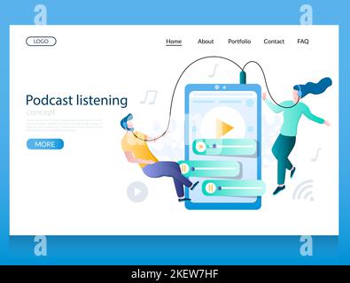 Modèle de site Web de vecteur d'écoute de podcast, page Web et conception de page d'arrivée pour le développement de site Web et de site mobile. Homme et femme dans les écouteurs écouter Illustration de Vecteur