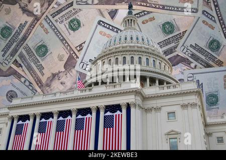 Le bâtiment du Capitole des États-Unis d'Amérique à Washington D.C., décoré de drapeaux américains, est superposé à des billets de dollars. Banque D'Images