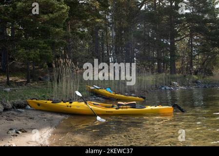 Paire de kayaks de mer jaunes sur la rive d'une île de l'archipel de Stockholm, en Suède. Kayak dans l'archipel suédois, mer Baltique Banque D'Images