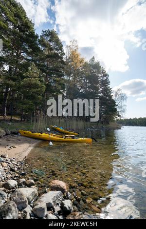 Paire de kayaks de mer jaunes sur la rive d'une île de l'archipel de Stockholm, en Suède. Kayak dans l'archipel suédois, mer Baltique Banque D'Images