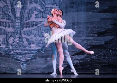 Swan Lake, ballet de Pyotr Ilyich Tchaikovsky, interprété par le ballet et l'opéra d'État russe mari El aka mari State Academic Opera and Ballet Theatre Erik Sapaev (de la République de mari El), scène avec Artem Vedenkin comme prince Siegfried et Yekaterina Baibaeva comme Odette, à Stadthalle Wetzlar, en Allemagne, 26th janv. .2019 Banque D'Images